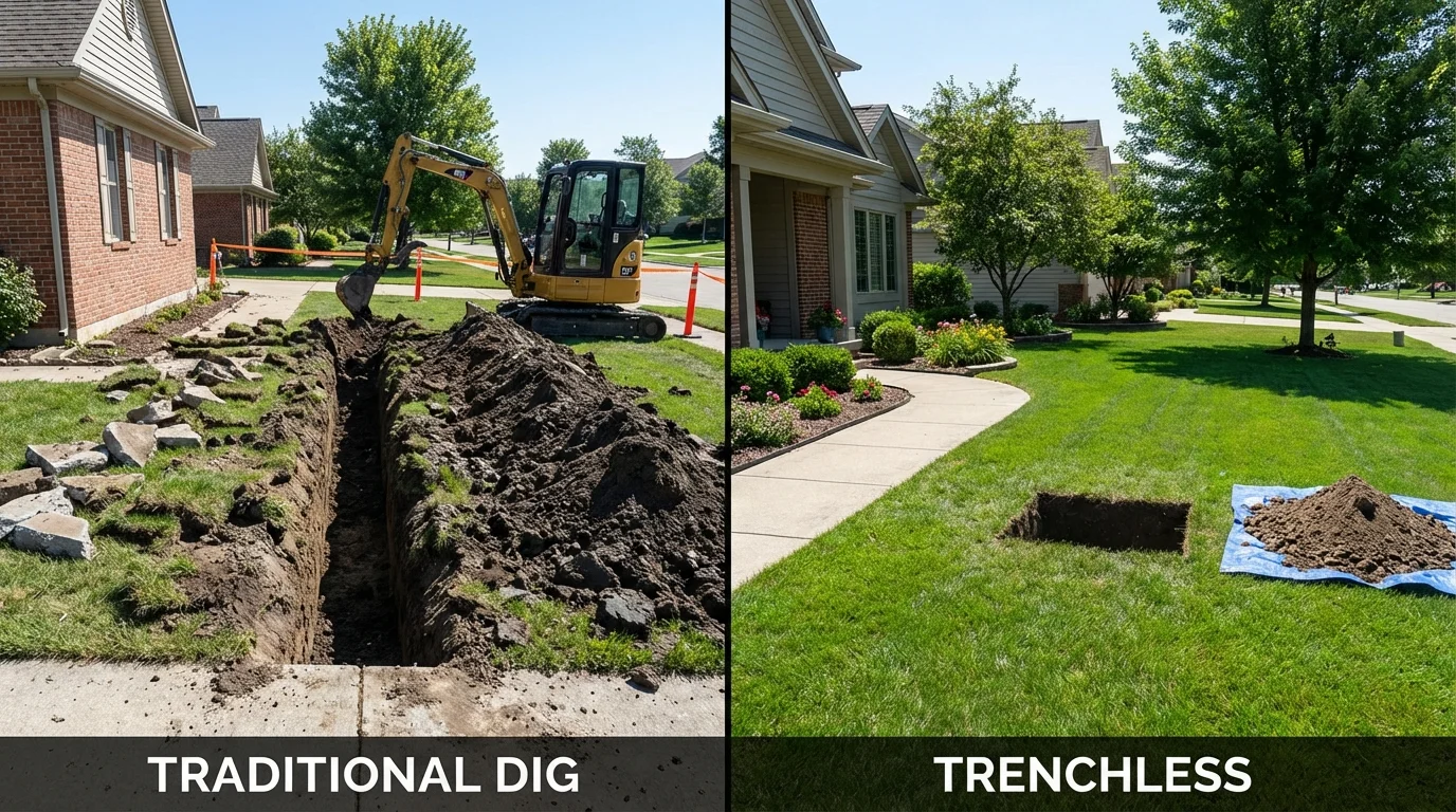 Trenchless sewer repair with minimal yard damage versus traditional excavation in Greensburg, IN