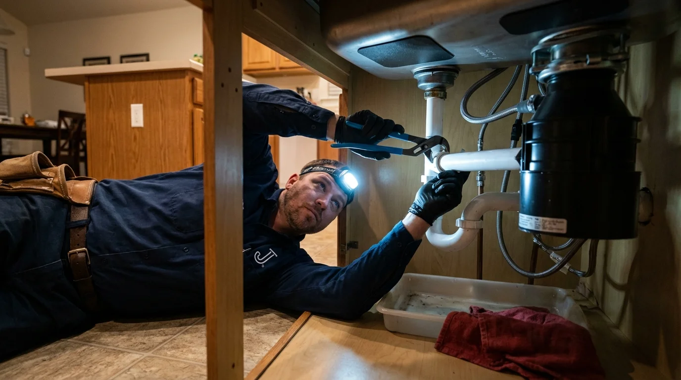 P-trap and supply line connections under a kitchen sink showing a common leak point in Greensburg, IN